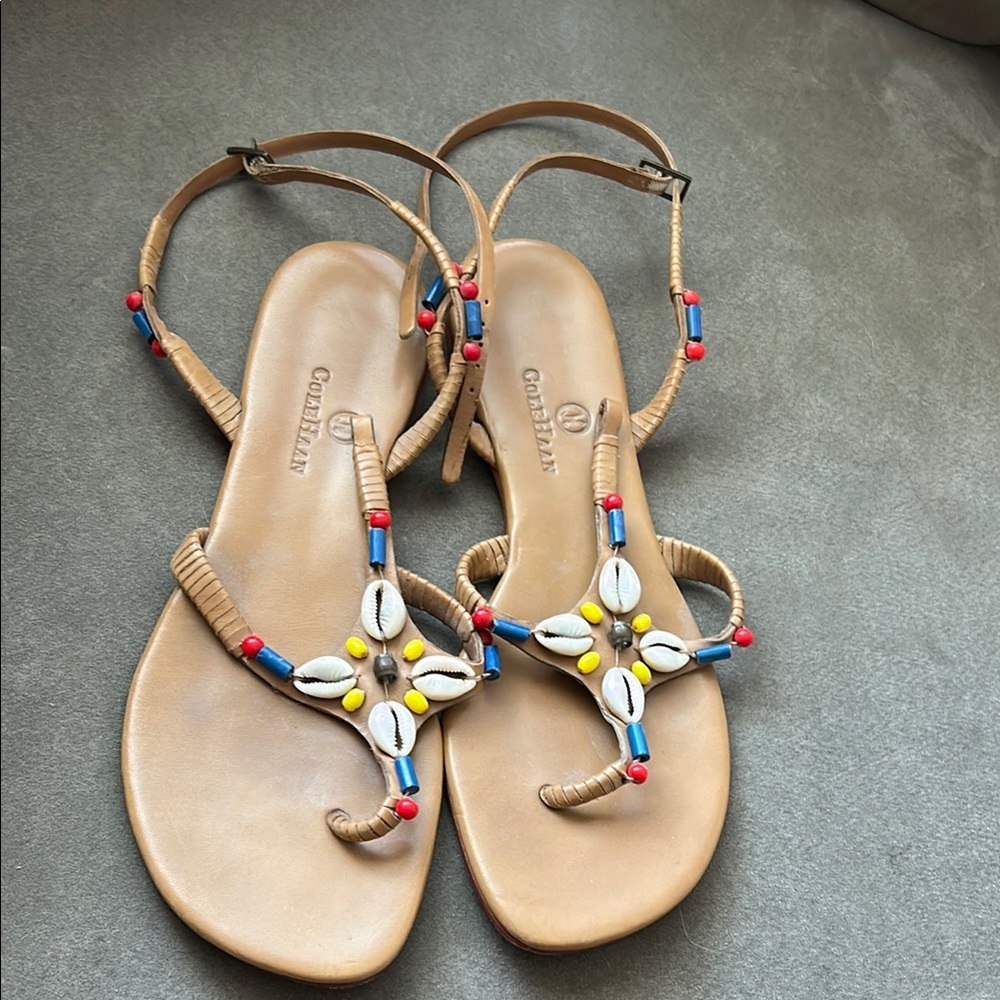 Cole Haan Tan and Red Sandals with Elegant Floral Design